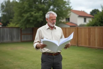 Propriétaire consultant des documents administratifs sur son terrain avant l'installation d'un mobil-home
