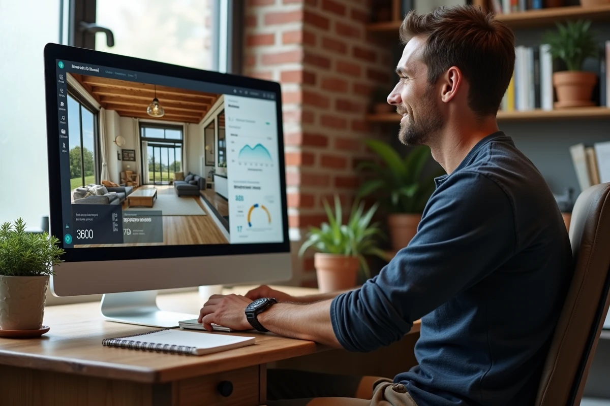 Propriétaire de location saisonnière consultant une plateforme de visite virtuelle 360 sur ordinateur pour analyser les réservations et optimiser son annonce en ligne