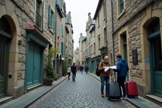 Rue pavée animée dans le quartier historique intra-muros de Saint-Malo avec des touristes et des commerces locaux