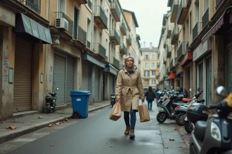 Femme marchant prudemment dans une rue animée et dégradée d'un quartier dense de Maisons-Alfort, immeubles anciens avec graffitis et trottoirs encombrés