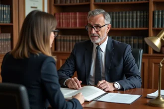 Un notaire et un client examinent ensemble un contrat immobilier dans un bureau professionnel