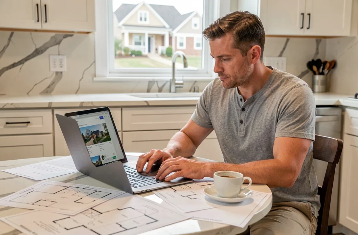 Homme étudiant des plans et annonces immobilières sur son ordinateur portable dans une cuisine moderne