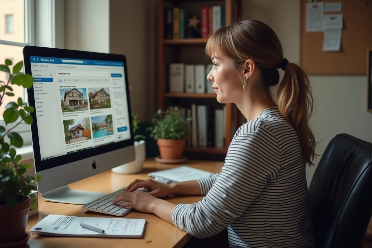 Mère de famille cherchant une grande location sur Le Bon Coin depuis son bureau à domicile dans le département 59