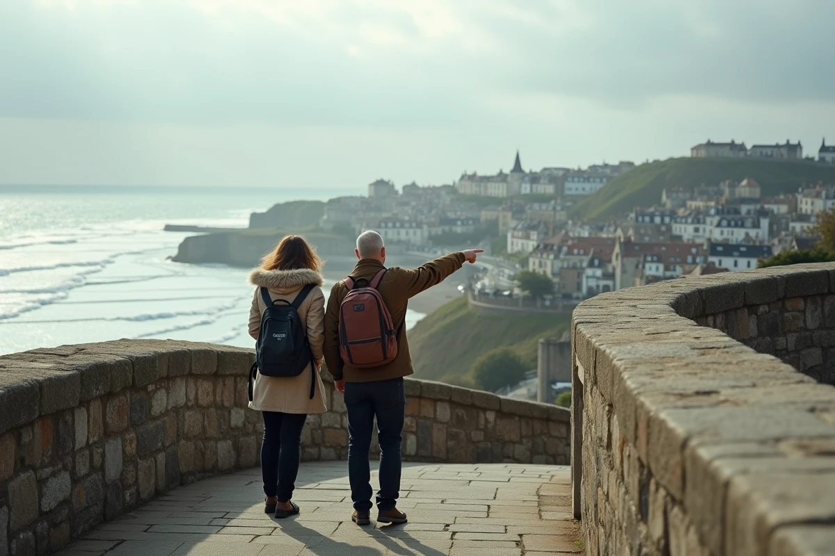 Couple de voyageurs sur les remparts de Saint-Malo comparant les quartiers de la ville pour choisir leur hébergement