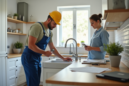Un professionnel répare un évier qui fuit dans une cuisine moderne