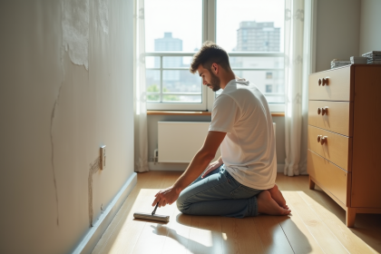 Jeune homme repeignant un mur intérieur dans un appartement