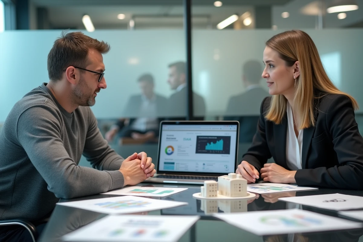 Deux entrepreneurs en réunion autour de projections financières et d'une maquette immobilière dans un espace de coworking vitré, combinant stratégie web et investissement physique