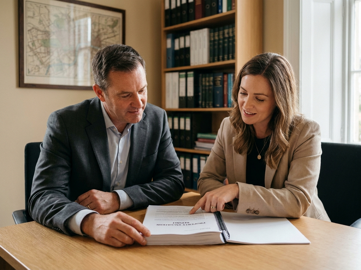 Deux professionnels examinant un rapport d'évaluation immobilière de patrimoine d'entreprise dans un bureau de conseil