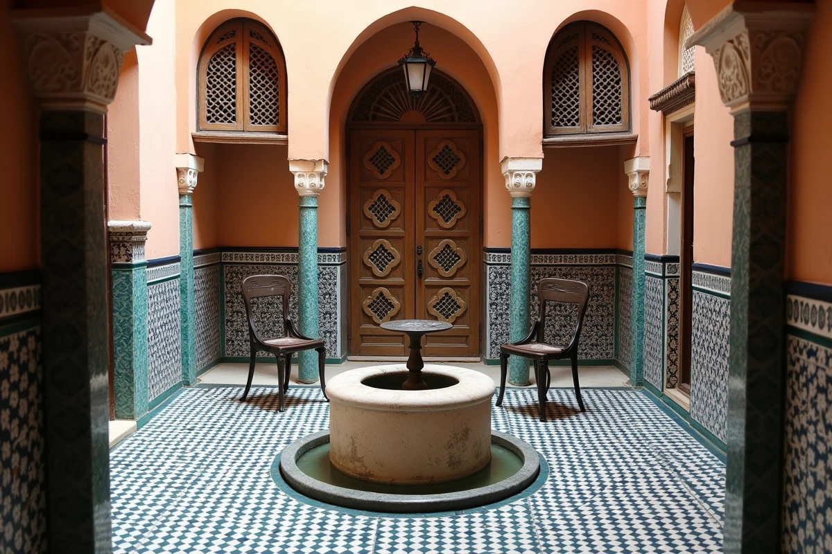 Patio intérieur d'un riad à petit budget à Marrakech avec carrelage zellige traditionnel et fontaine centrale en pierre