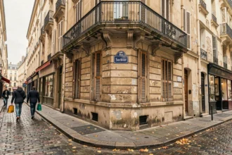 Rue Sorbier dans le 20e arrondissement de Paris avec panneaux de rue et façades haussmanniennes
