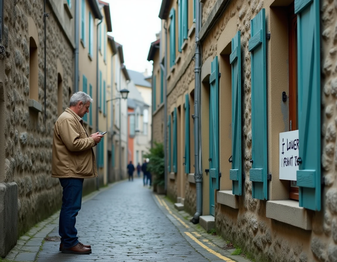 Rue pavée de la ville close de Concarneau avec panneau À Louer sur une fenêtre d'appartement, homme recherchant une location sur smartphone