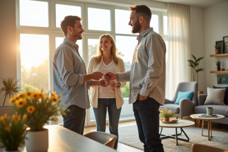 Salon moderne avec grandes fenêtres et clés de maison