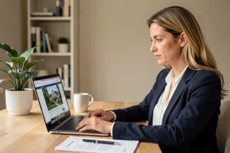 Femme consultant un site immobilier sur ordinateur portable pour sécuriser son achat de maison