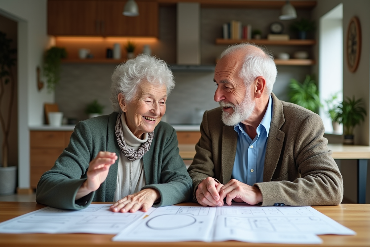 Couple senior discutant de plans dans une cuisine moderne