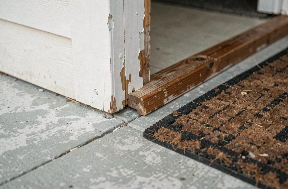 Détail du seuil entre garage et habitation en maison mitoyenne, montrant l'absence de joint d'étanchéité, un écart de hauteur de marche et des fissures dans la chape béton