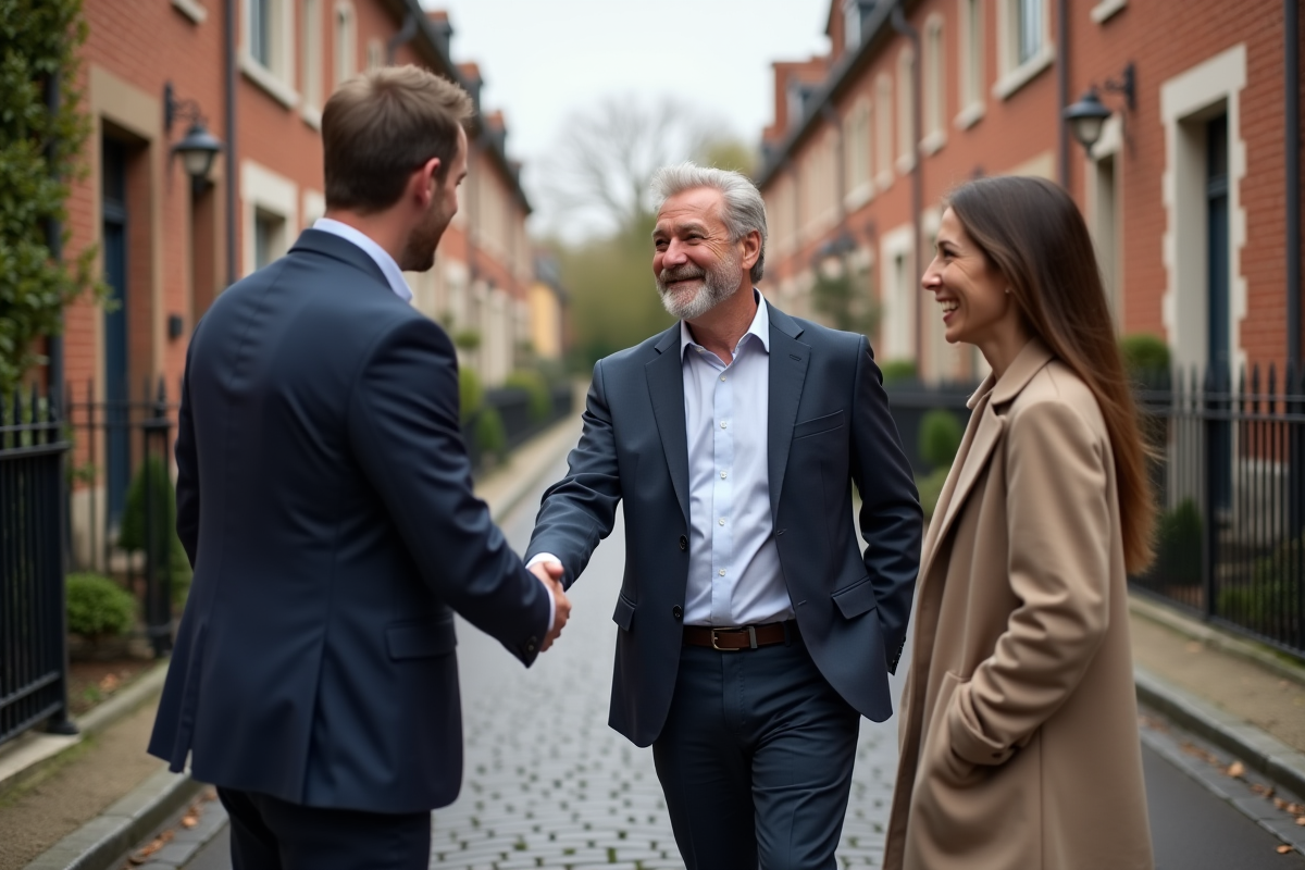 Homme et jeune couple souriants lors de la signature d