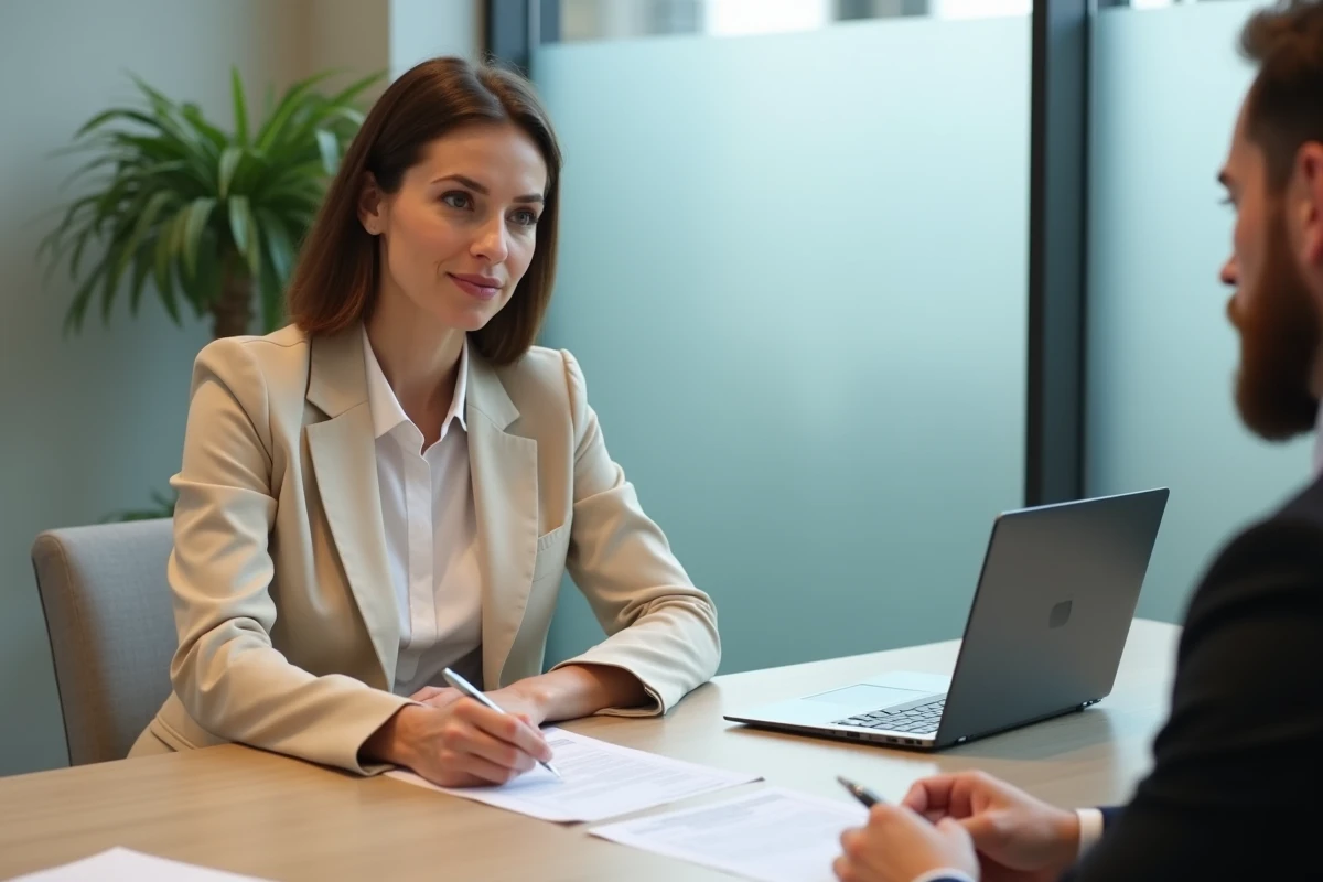 Femme signant un acte d'achat de parking avec un conseiller immobilier
