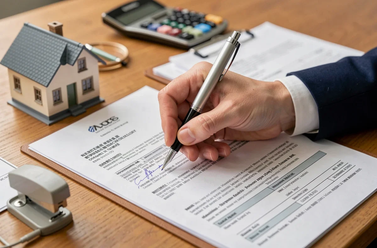 Signature d'un contrat d'assurance propriétaire non occupant avec une maquette de maison individuelle sur le bureau