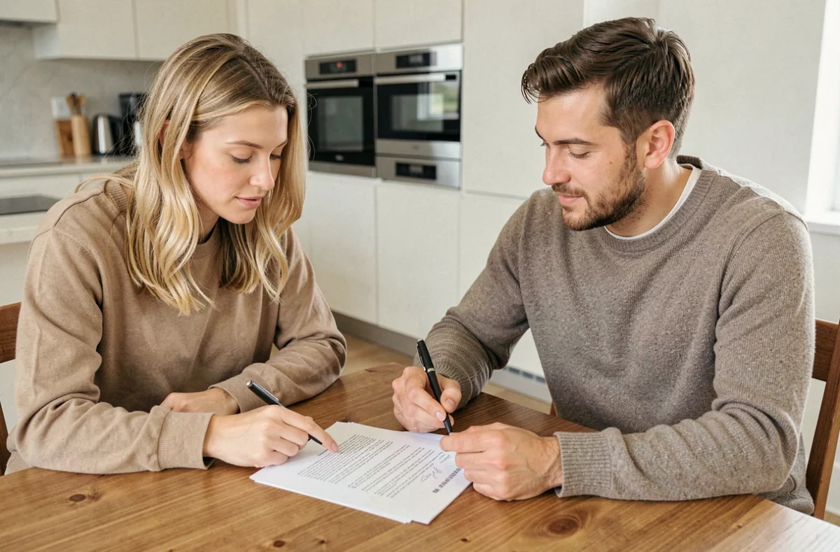 Deux locataires signant un contrat de location avec clauses cuisine équipée autour d'une table dans un appartement