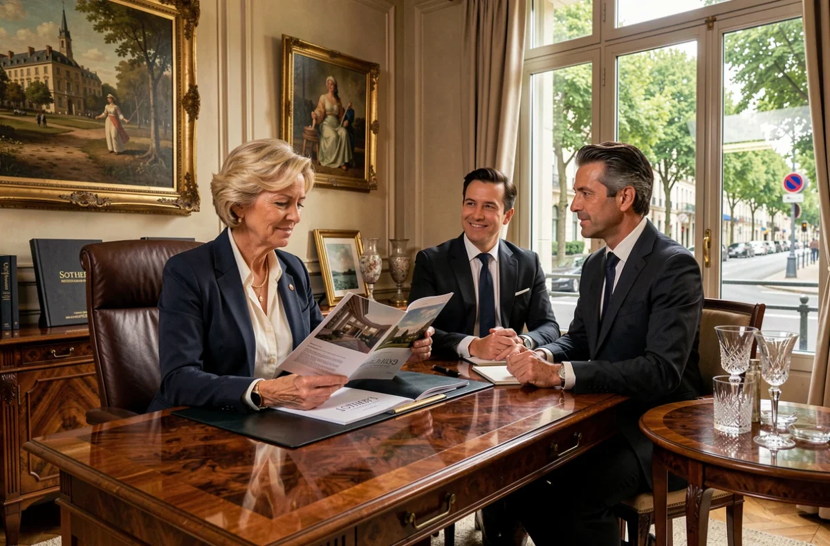 Conseillère Paris Ouest Sotheby's en rendez-vous avec des clients internationaux dans un bureau de prestige à Neuilly-sur-Seine