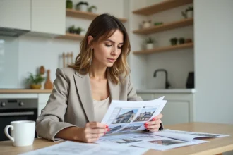 Femme consultant des annonces immobilières à la maison, stratégie d'achat immobilier en 2026