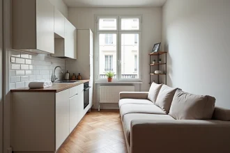 Intérieur d'un studio T1 meublé et optimisé pour une location Airbnb à Paris, avec canapé-lit, kitchenette et parquet en bois