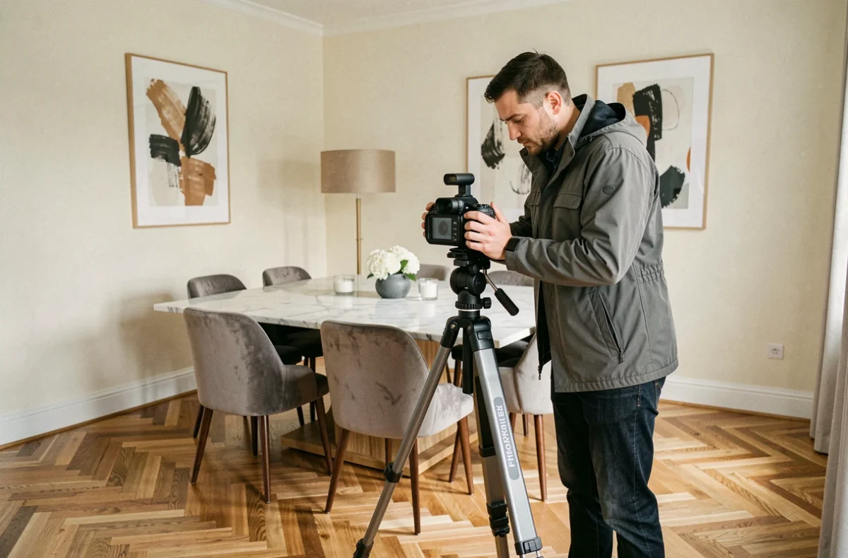 Technicien installant une caméra 360 degrés dans une salle à manger pour créer une visite virtuelle immobilière