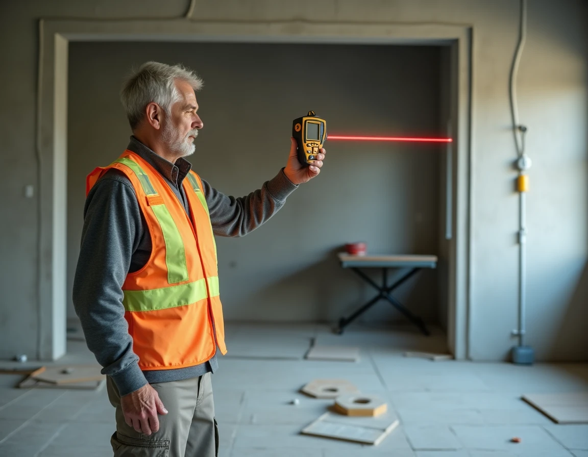 Ouvrier utilisant un télémètre laser numérique pour mesurer une pièce en construction