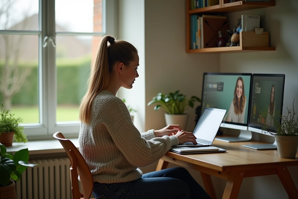 Femme en télétravail dans un bureau aménagé d'une maison de location dans le département 27