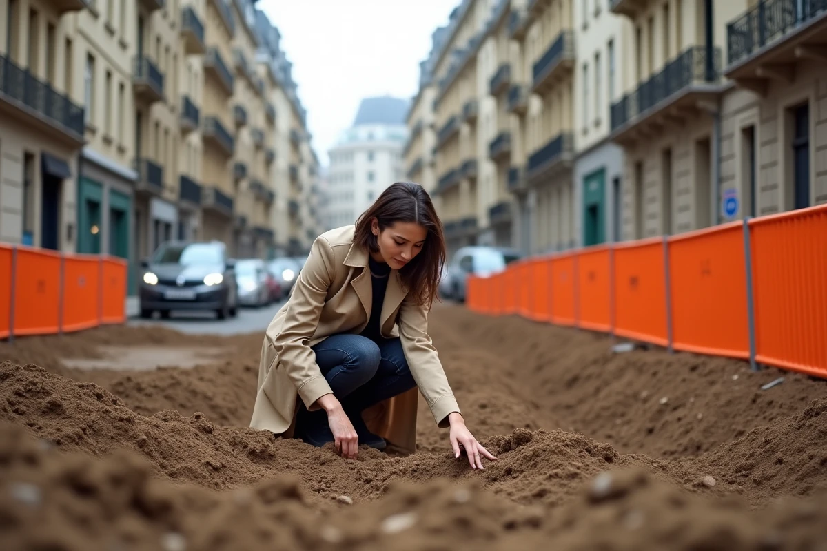 Femme inspectant un terrain vide à bâtir en plein centre-ville entouré d'immeubles haussmanniens