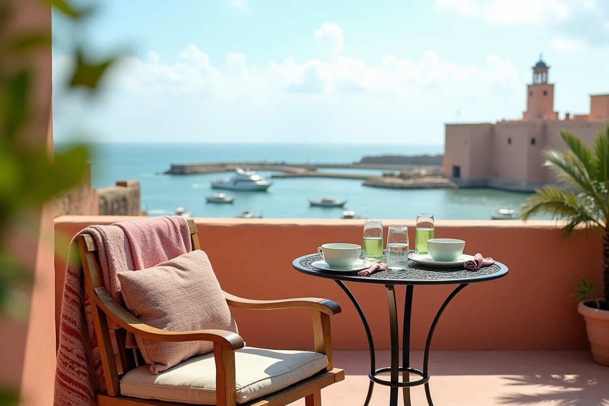 Terrasse de maison de vacances avec vue sur les remparts et le port d'Essaouira au Maroc