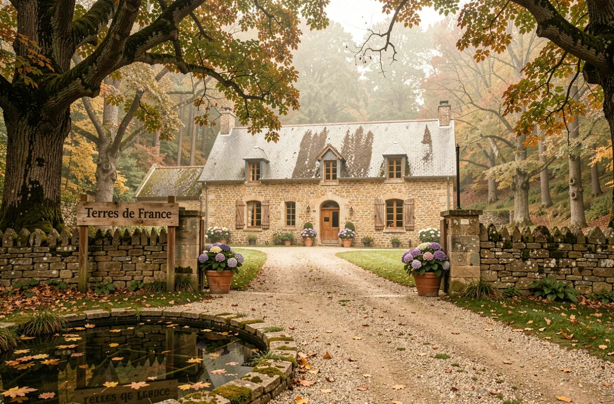 Résidence de tourisme Terres de France en pierre de Corrèze entourée de forêt de chênes avec panneau d'entrée en bois