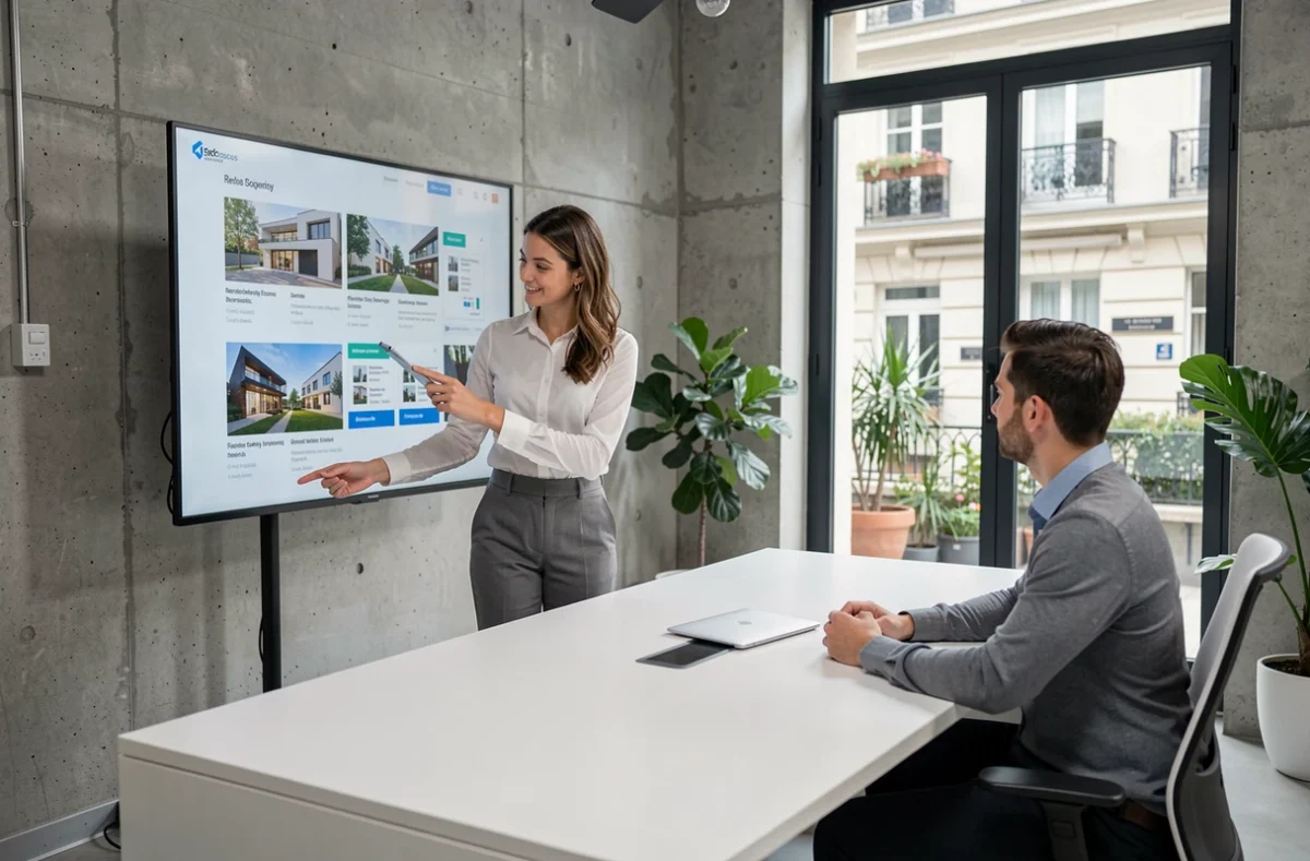 Agent ULYS Immobilier présentant des biens immobiliers sur écran tactile dans une agence moderne parisienne