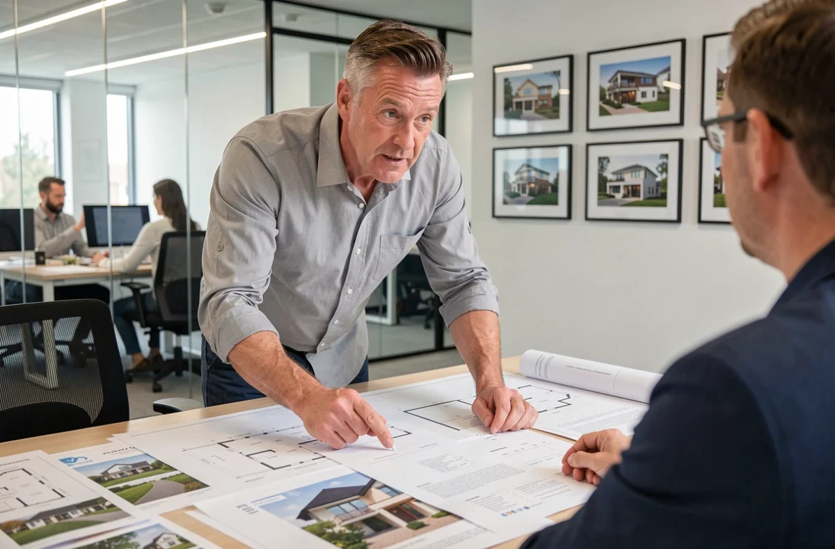 Homme examinant des plans de maison avec un conseiller immobilier pour éviter les pièges d'achat