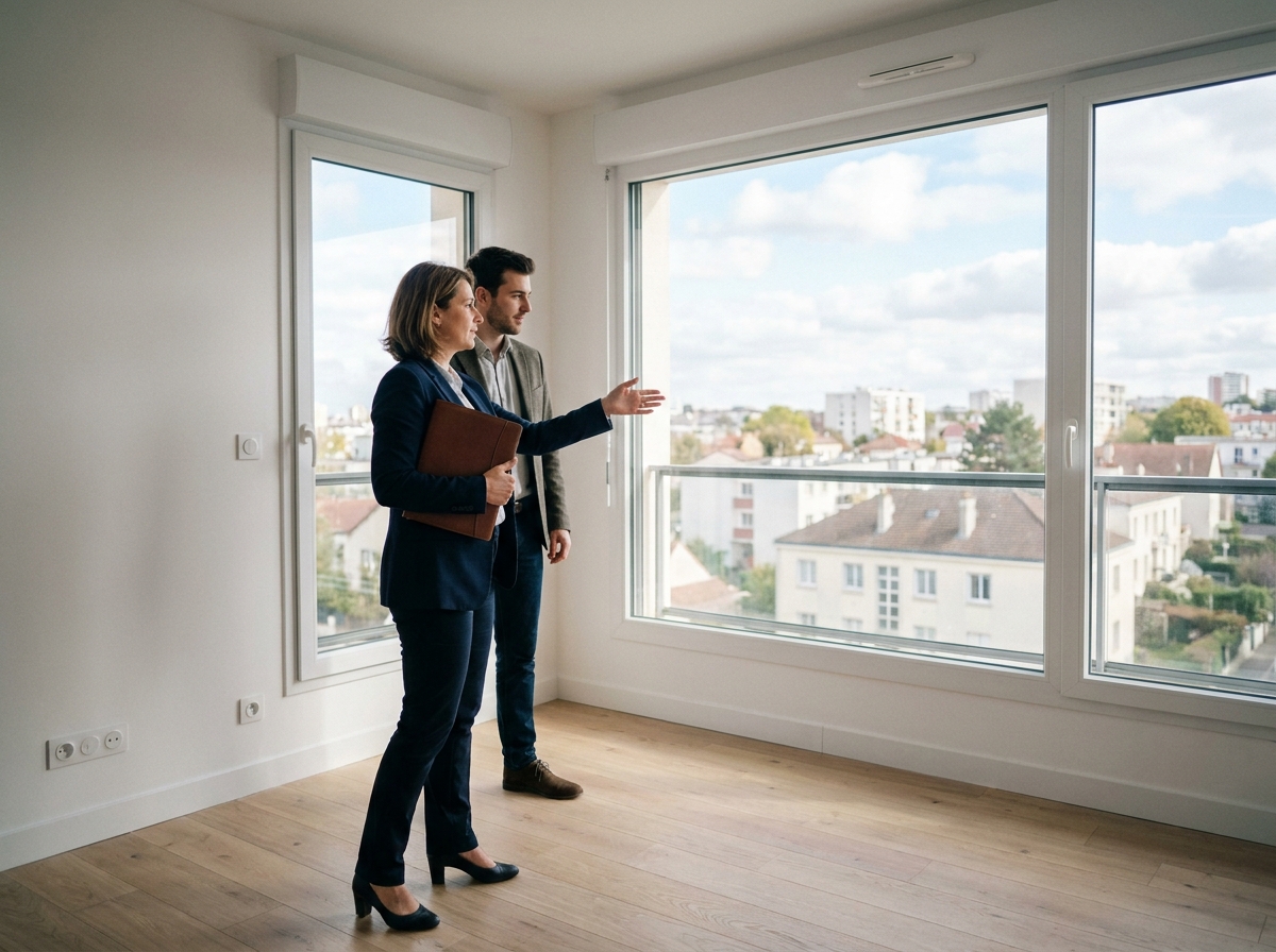 Agent immobilier faisant visiter un appartement neuf vide à Bagneux à un acheteur potentiel