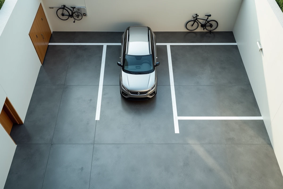 Vue aérienne d'une place de parking en garage fermé avec les dimensions matérialisées au sol